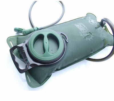 Green hydration bladder with valve on a white background
