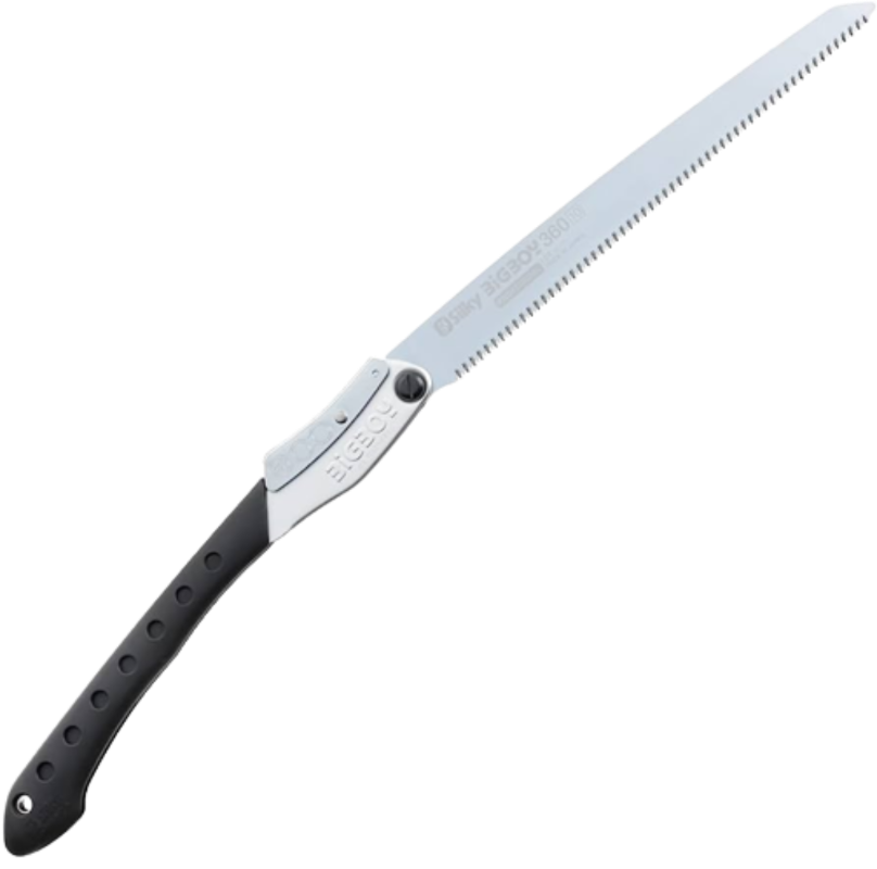 A folding handsaw with a silver blade and yellow handle.