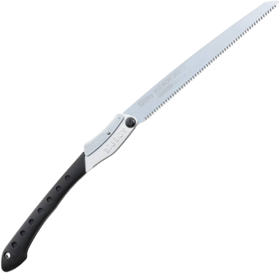 A folding handsaw with a silver blade and yellow handle.