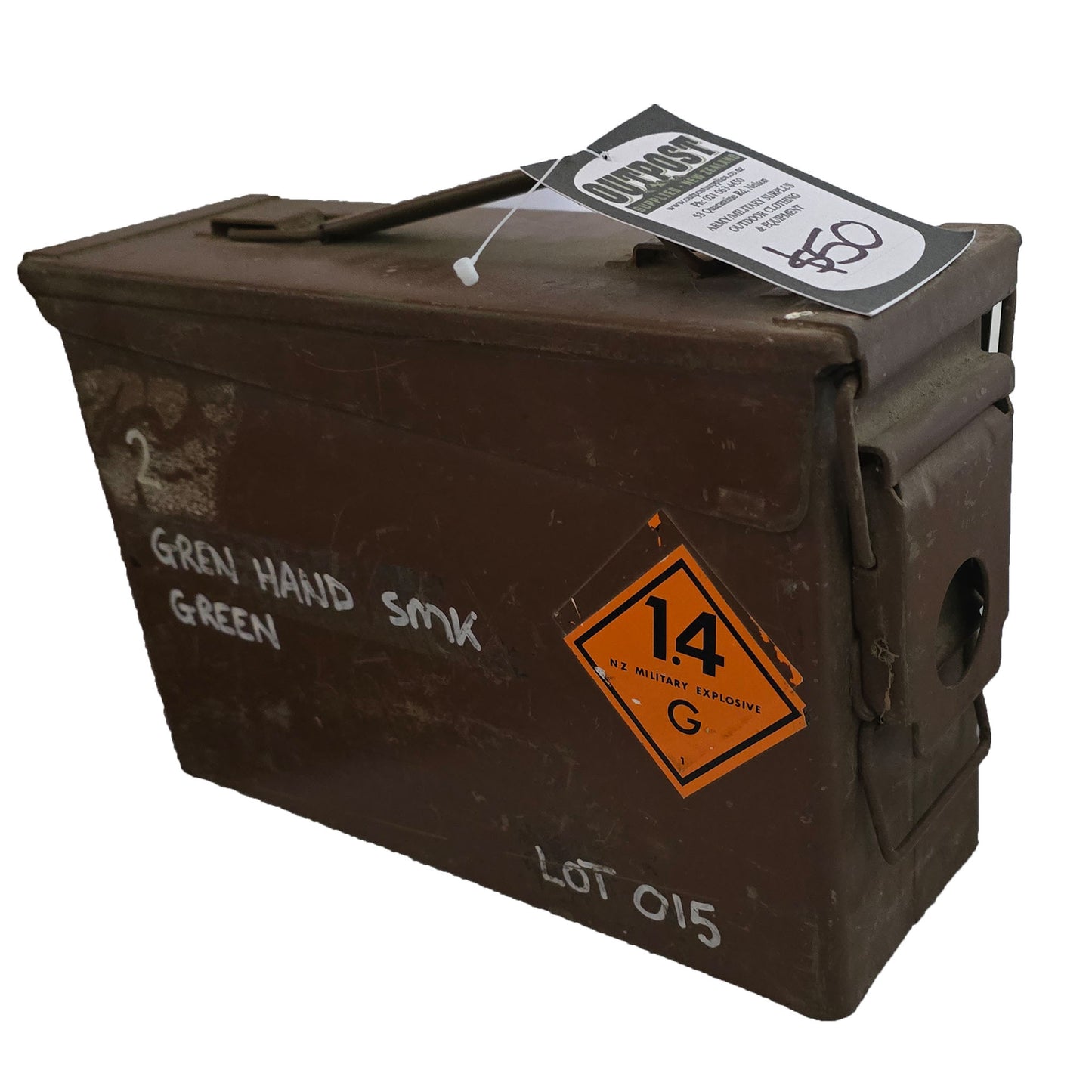 old brown metal ammunition tin, 30 cal size