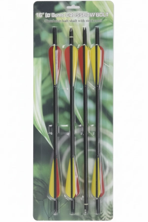 A 4-pack of 16-inch bowfishing arrows in a clear blister pack with a green tropical leaf-patterned backing card. The arrows have black shafts and fletching with red, yellow, and orange wing-like accents.