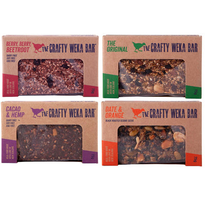 four different flavors of crafty weka raw muesli bars