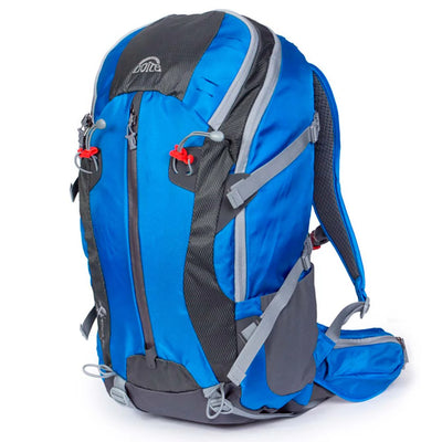 A blue and gray Doite Epica 38L backpack with multiple compartments and a hydration bag exit.