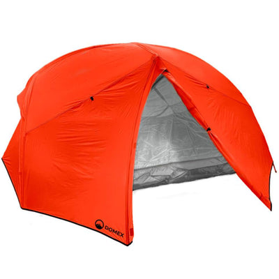 orange domex scout tent pitched with door open
