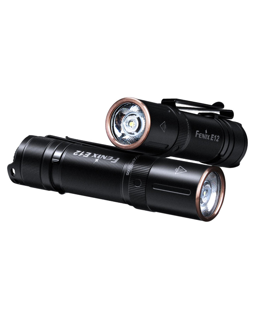 Two black flashlights with visible branding on a white background