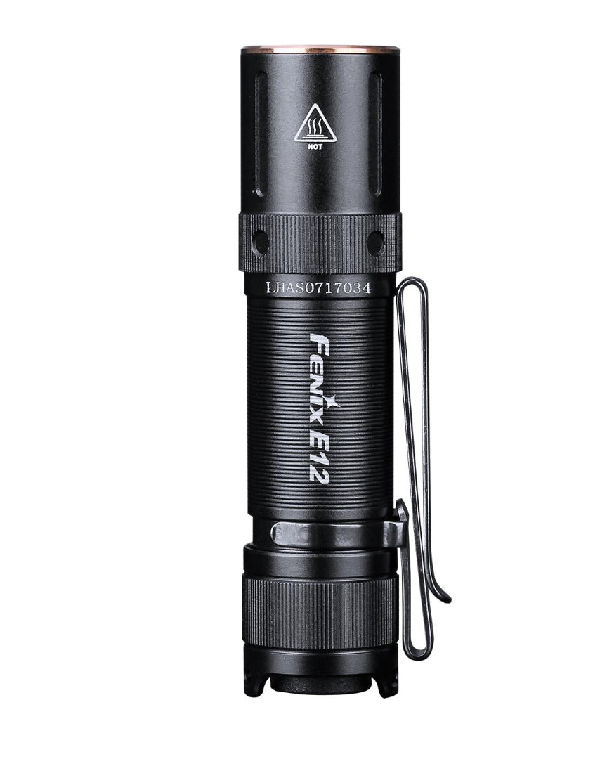 Black flashlight with 'Fenix' branding on a white background