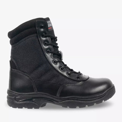 A high-cut black tactical leather boot with a lace-up closure, designed for outdoor use.