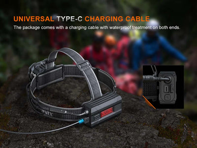 Headlamp with charging cable on a rock, with people in the background.