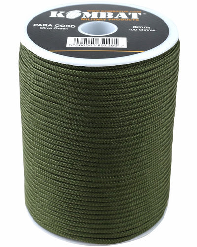 Spool of olive green para cord with Kombat label on a white background
