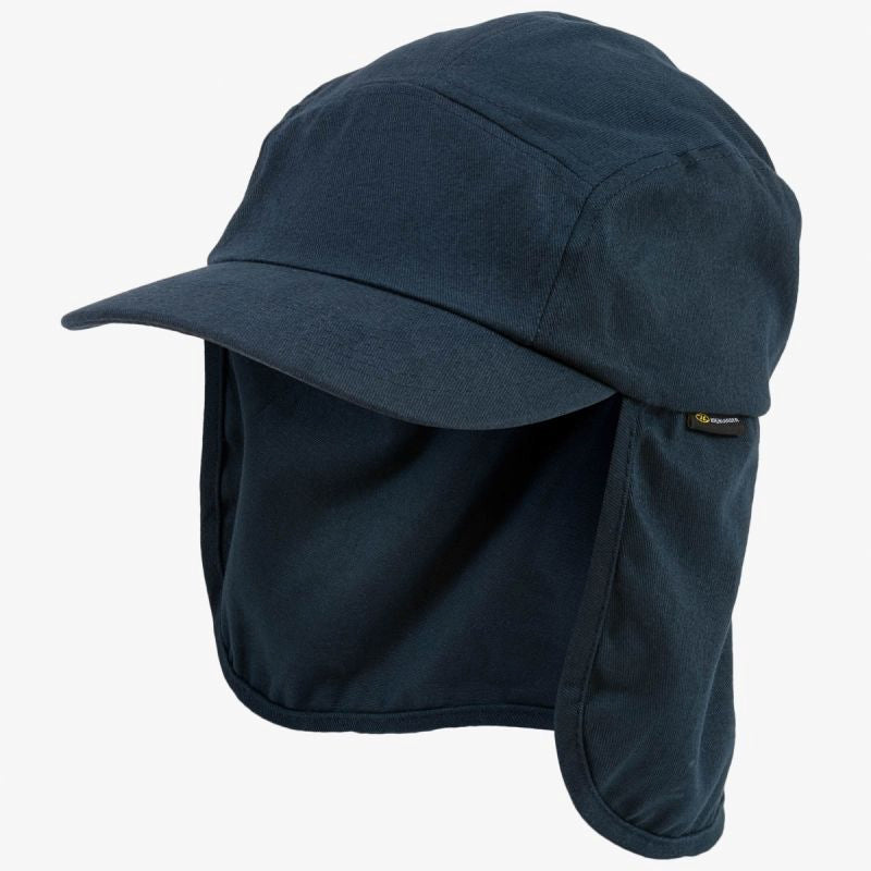 Navy blue cap with face coverage on a white background