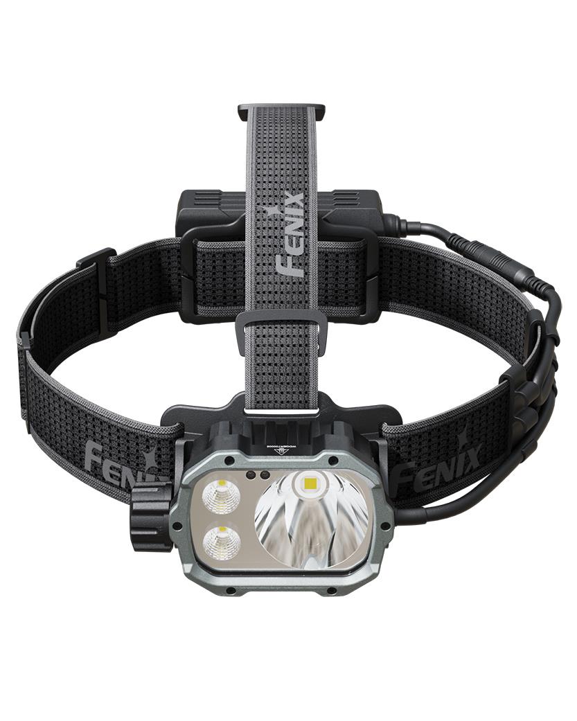 Fenix headlamp with black strap on a white background