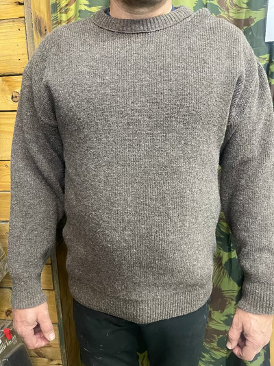 A light tan Ironbark Pure New Zealand Wool Fisherknit Rib Crew Neck Jersey.