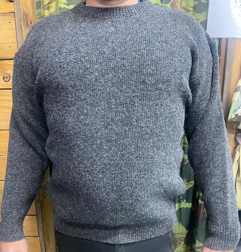 A grey Ironbark Pure New Zealand Wool Fisherknit Rib Crew Neck Jersey.