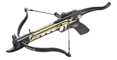 Black crossbow with gold accents on a white background