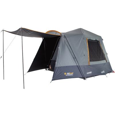 Camping tent with attached side panel on a white background