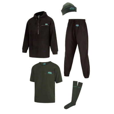ridgeline clothing set- black top, pants, green beanie, fleece tee, and socks