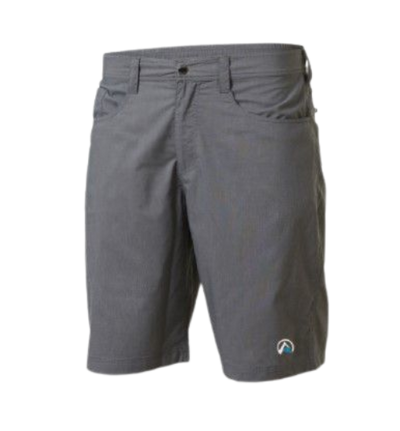 A pair of gray waterline rig shorts with zip pockets and a comfort stretch waistband, made from a blend of fabrics including polyester and elastane.
