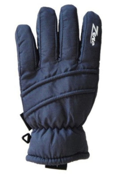 A child's navy blue glove with a visible brand logo on the wrist adjustment strap.