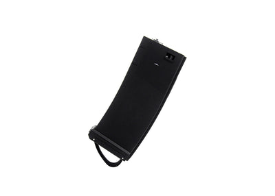 A black 150-round mid-capacity airsoft magazine with a modular tracer box, designed for M16/M4 series, on a white background.