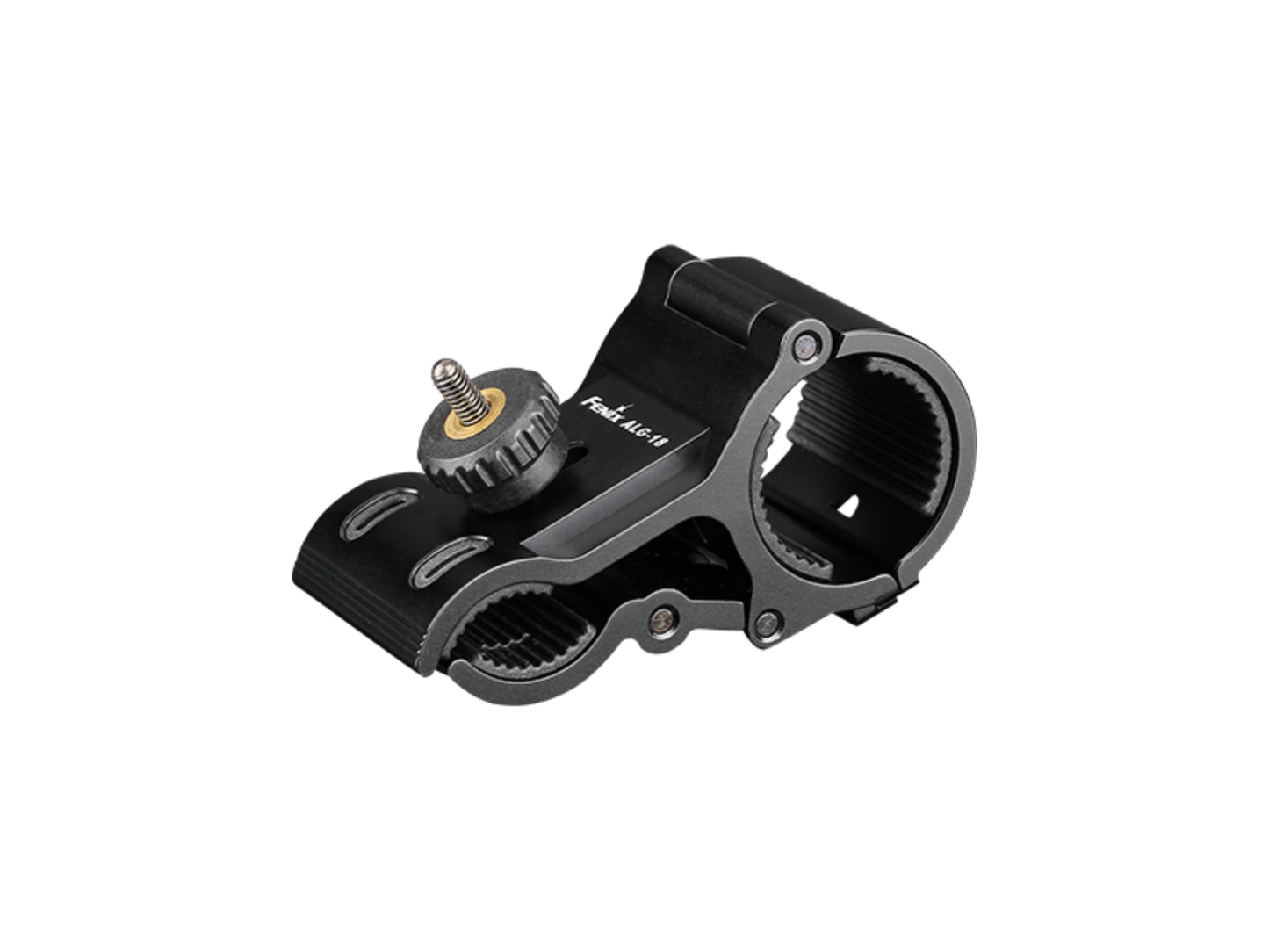 A black Fenix ALG-18 barrel mount for flashlights, showing the side mount clamps and adjustment screw.