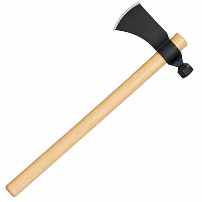 A traditional Cold Steel Rifleman's Hawk Tomahawk with a black steel head and a light brown wooden handle.