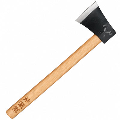 A hatchet with a wooden handle and a black steel head, featuring what appears to be a movie prop design.