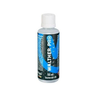 A 50ml bottle of Walther Pro Gun Care Oil, with a white cap and label featuring blue and black text.
