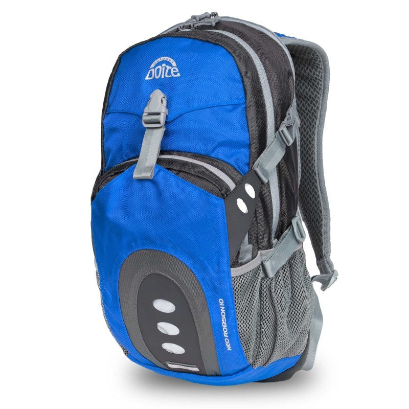 A blue and gray Doite Robson 10L day pack with adjustable straps, a helmet holder, and multiple compartments designed for hydration and organizing essentials.