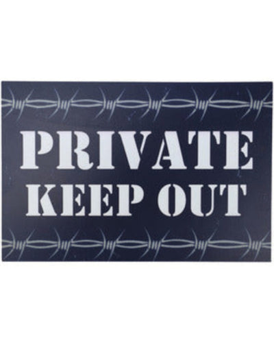 Sign with 'PRIVATE KEEP OUT' text and barbed wire design on a blue background