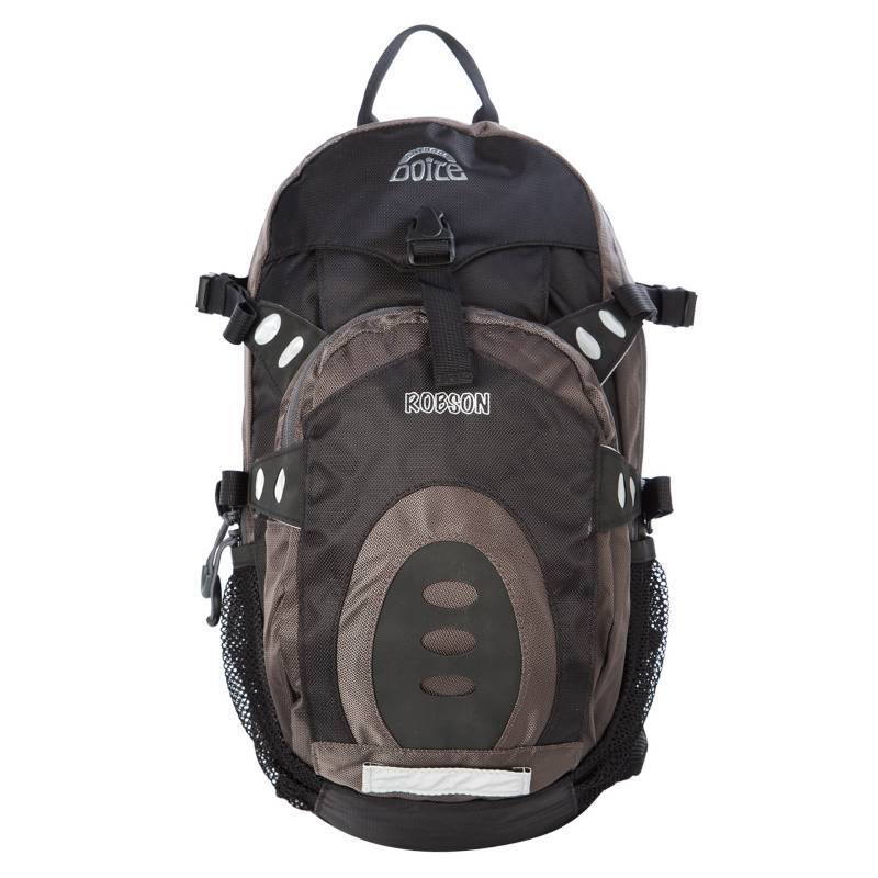 A black and gray Doite Robson 10L day pack with adjustable straps, a helmet holder, and multiple compartments designed for hydration and organizing essentials.