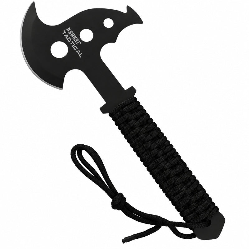 A black throwing axe with a black paracord handle and a black nylon case.