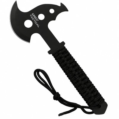 A black throwing axe with a black paracord handle and a black nylon case.