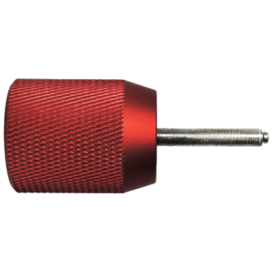 A red CO2 cartridge charger with a metal body and a textured grip.