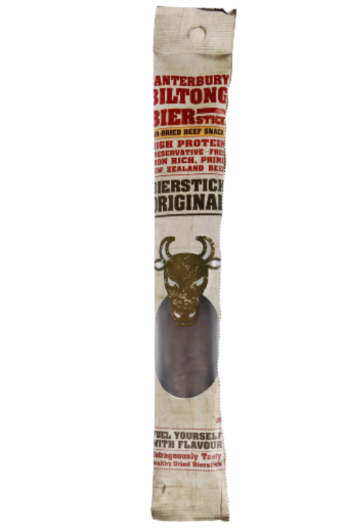 Biltong stick packaging with branding on a white background