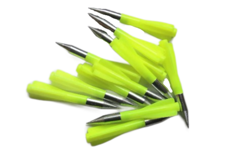 A collection of neon green darts with silver tips, arranged in a cluster.