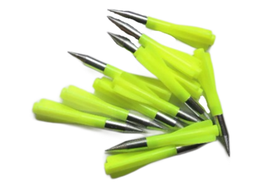 A collection of neon green darts with silver tips, arranged in a cluster.