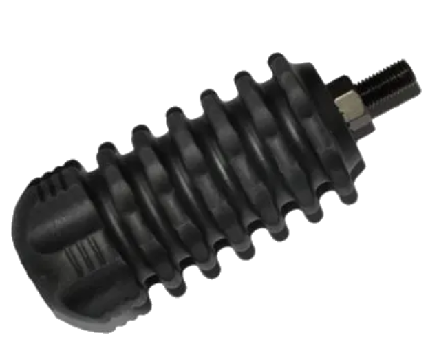 A black bow stabilizer with a ribbed design and a metallic fitting.