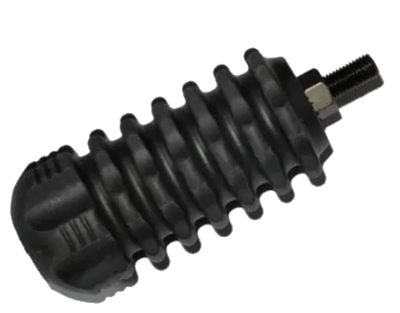 A black bow stabilizer with a ribbed design and a metallic fitting.