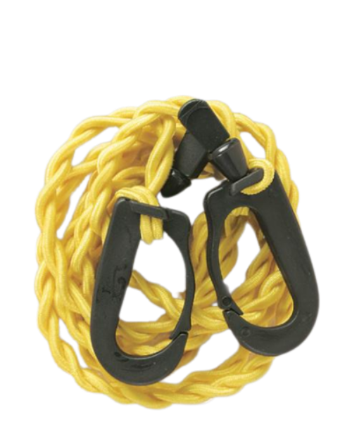 A coiled yellow bungee clothesline with black plastic hooks.