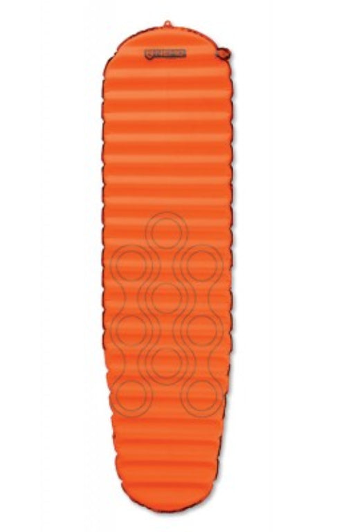An orange Nemo Flyer Regular Self-inflating Air Pad with a patterned design, laid out on a white background.