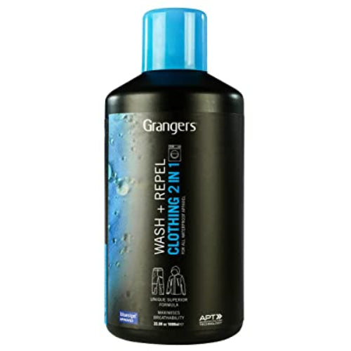 A bottle of Grangers Wash + Repel 2 in 1 fabric waterproofing and windproofing treatment.