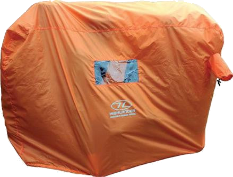Orange emergency survival shelter with a visible logo and clear window PVC patches, designed for outdoor use.
