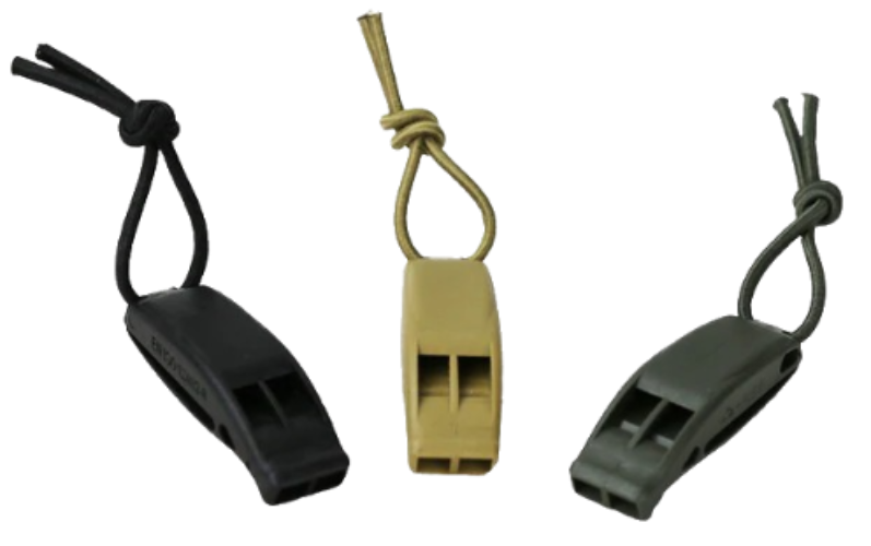 Three survival whistles attached to bungee cords, in black, beige, and green colors, designed for outdoor and survival use.