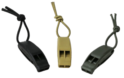 Three survival whistles attached to bungee cords, in black, beige, and green colors, designed for outdoor and survival use.