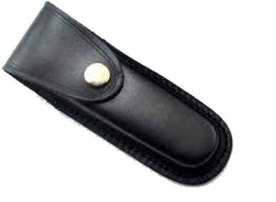 A black cow leather pocket knife pouch with a snap button.