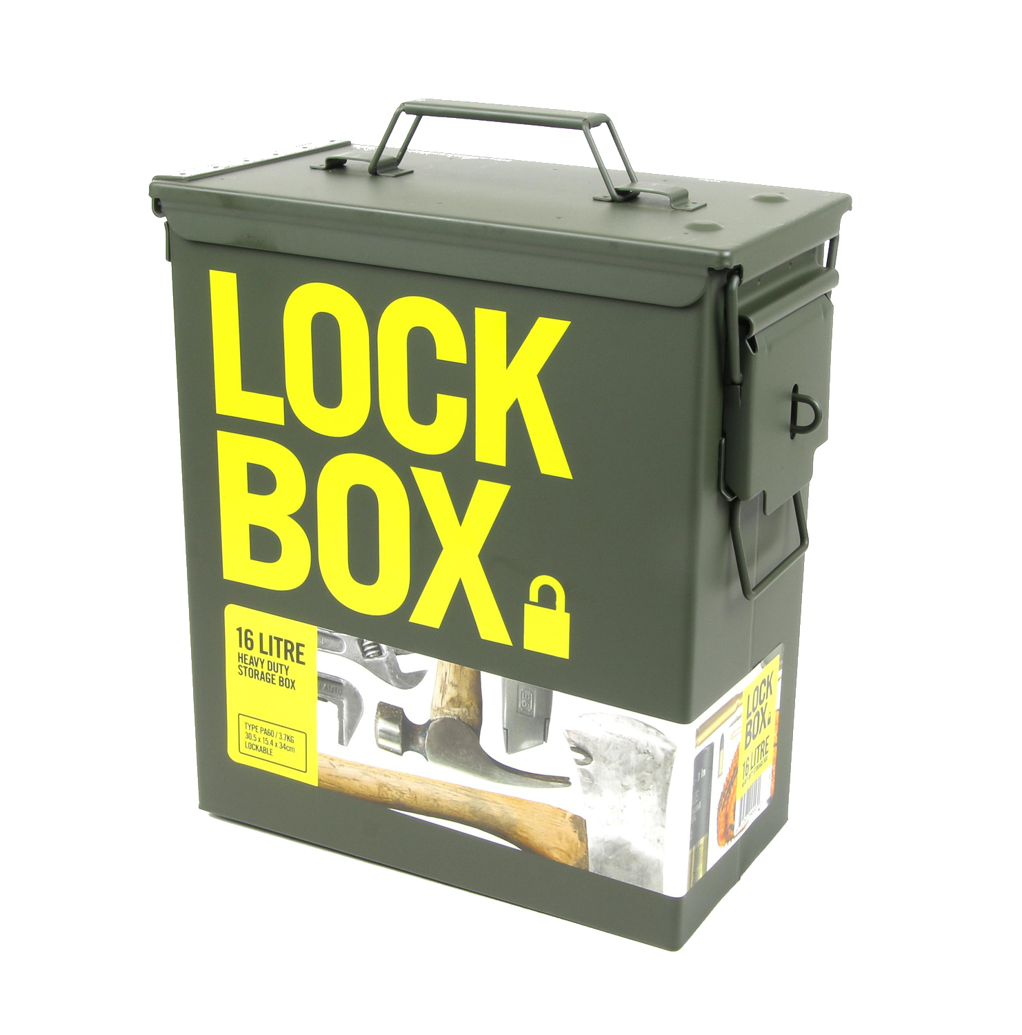A green metal ammunition tin with lid clamps, designed for storing tools and ammunition.