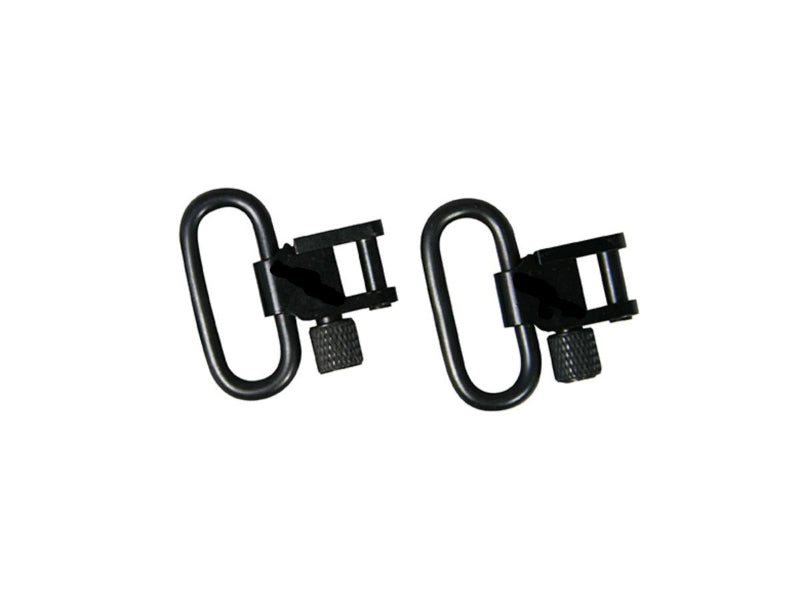 A set of two black 1-inch sling swivels designed for attaching to a rifle sling.