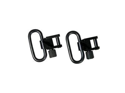 A set of two black 1-inch sling swivels designed for attaching to a rifle sling.