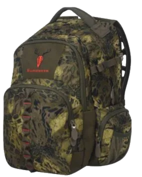 A green camouflage Huntterra hunting daypack with a visible logo, equipped with multiple storage compartments and straps.