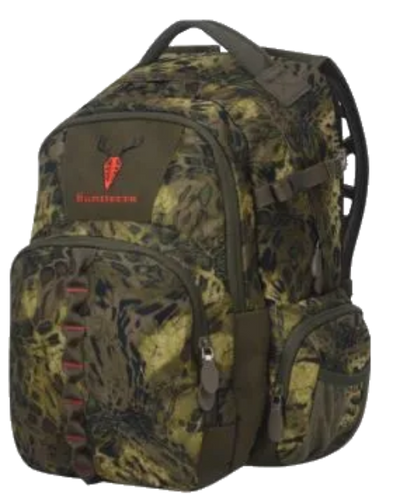 A green camouflage Huntterra hunting daypack with a visible logo, equipped with multiple storage compartments and straps.